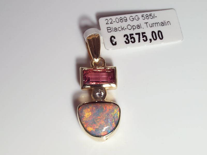 Opalschmuck - Goldschmuck, Anhänger aus Gelbgold mit Schwarzopal, Turmalin und Brillant