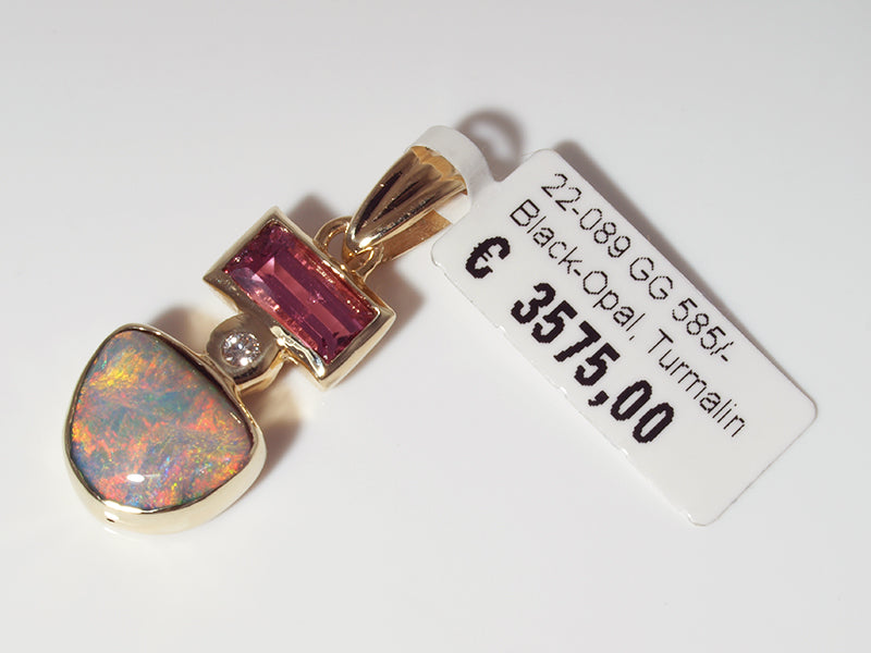 Opalschmuck - Goldschmuck, Anhänger aus Gelbgold mit Schwarzopal, Turmalin und Brillant