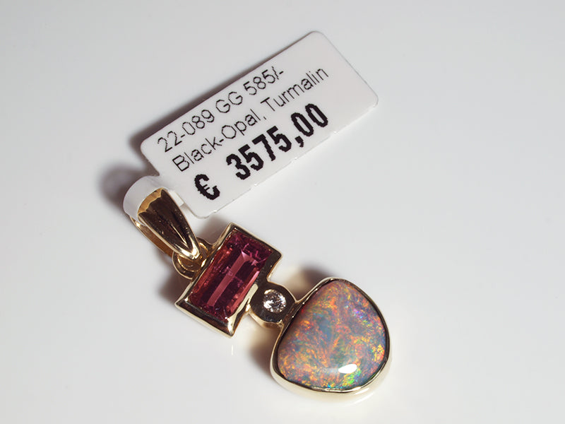 Opalschmuck - Goldschmuck, Anhänger aus Gelbgold mit Schwarzopal, Turmalin und Brillant