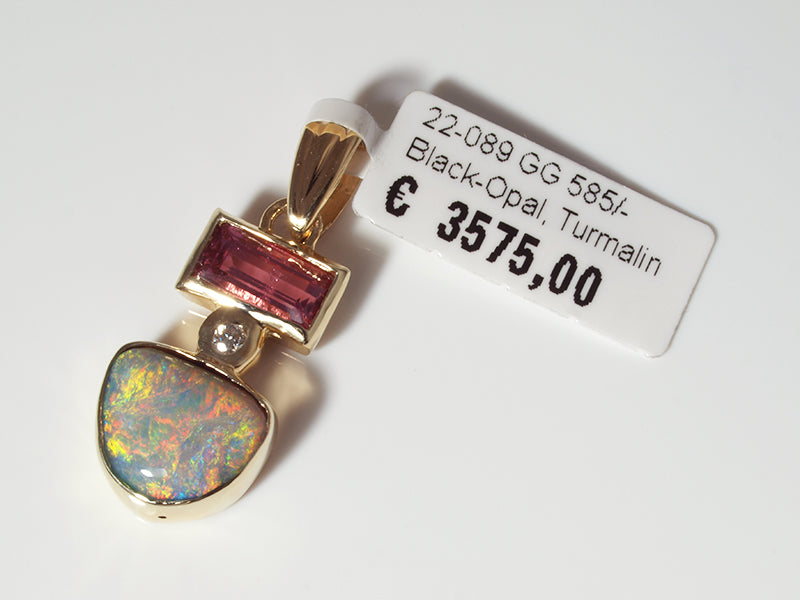 Opalschmuck - Goldschmuck, Anhänger aus Gelbgold mit Schwarzopal, Turmalin und Brillant