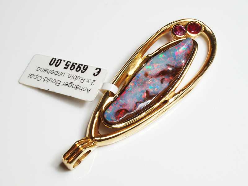 Opalschmuck - Goldschmuck, Anhänger aus Gelbgold mit Boulderopal und Rubin