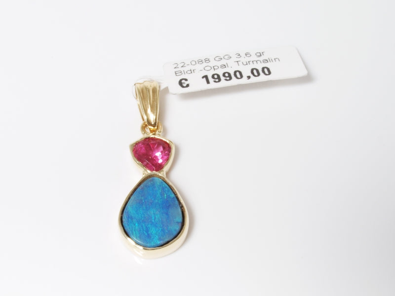 Opalschmuck - Goldschmuck, Anhänger aus Gelbgold mit Boulder-Opal und Turmalin