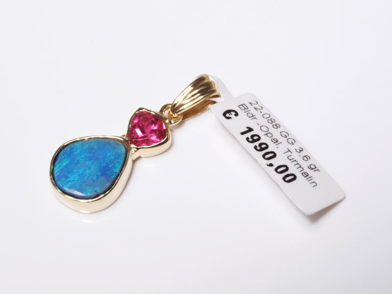 Opalschmuck - Goldschmuck, Anhänger aus Gelbgold mit Boulder-Opal und Turmalin