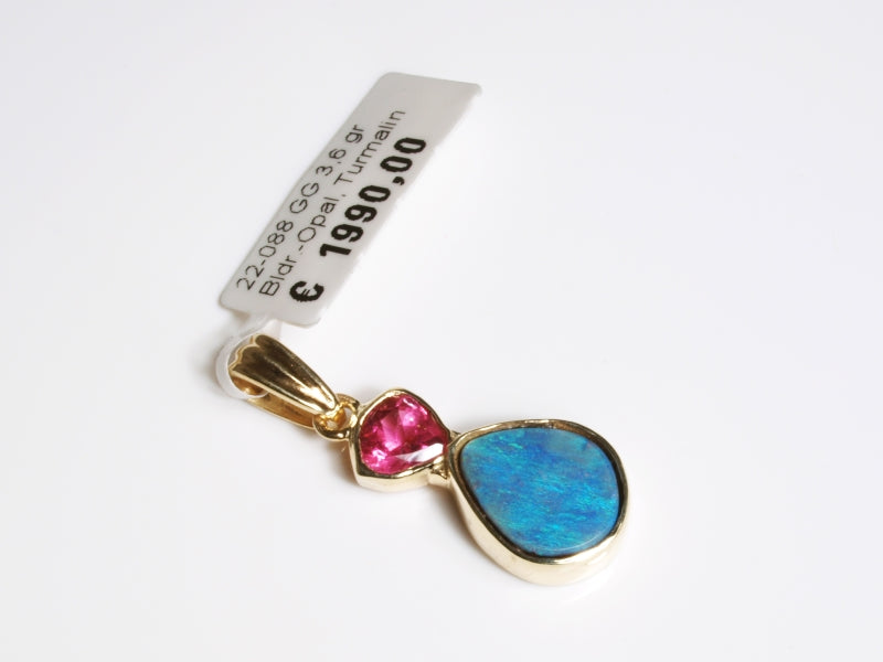 Opalschmuck - Goldschmuck, Anhänger aus Gelbgold mit Boulder-Opal und Turmalin