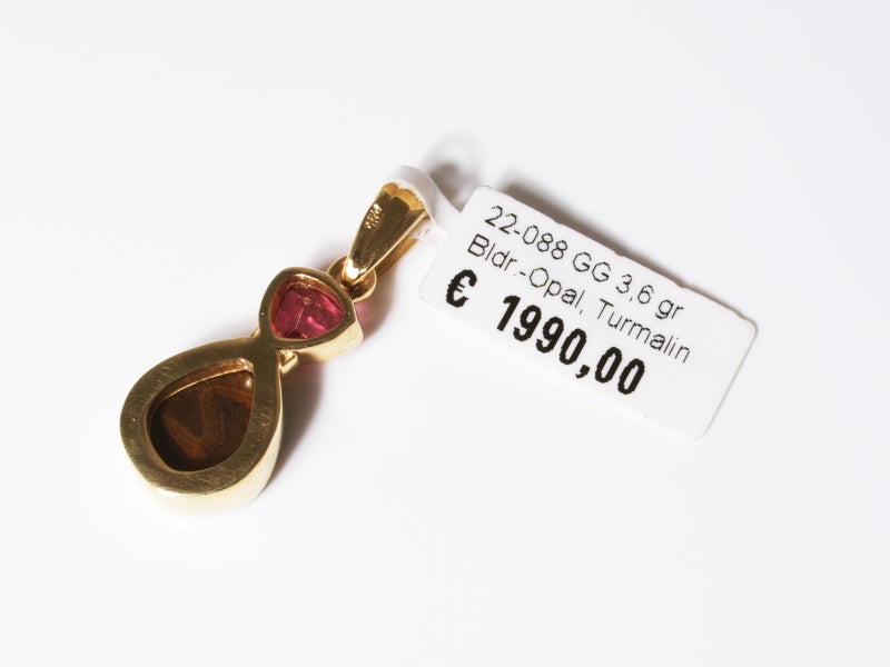 Opalschmuck - Goldschmuck, Anhänger aus Gelbgold mit Boulder-Opal und Turmalin