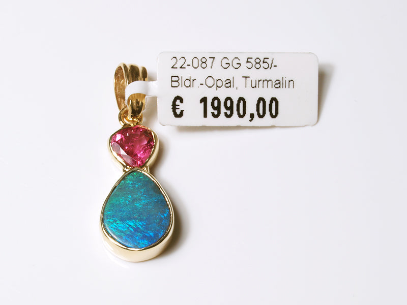 Opalschmuck - Goldschmuck, Anhänger aus Gelbgold mit Boulder-Opal und Turmalin