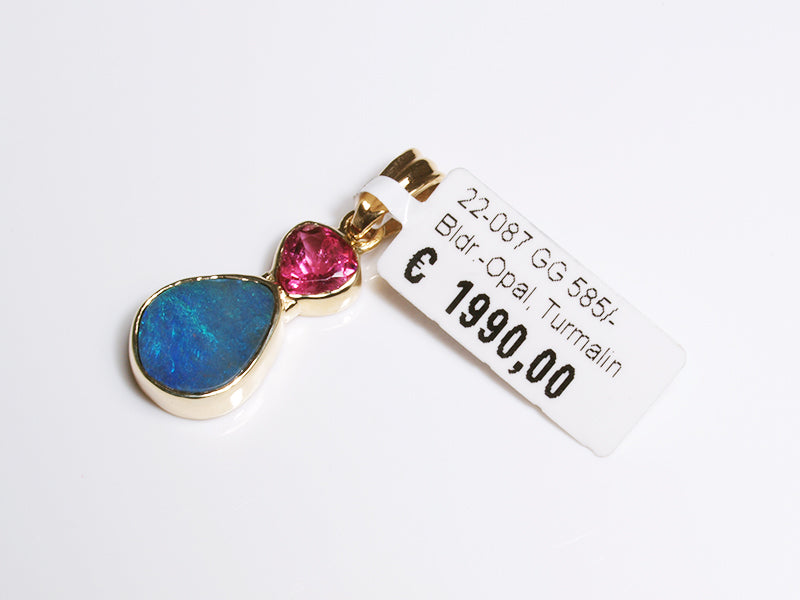 Opalschmuck - Goldschmuck, Anhänger aus Gelbgold mit Boulder-Opal und Turmalin